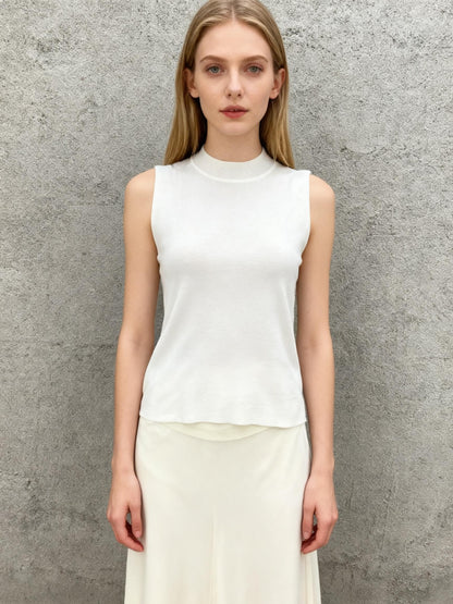 Ivory Fine Rib Knit Sleeveless Mock Neck Shell Top Size S