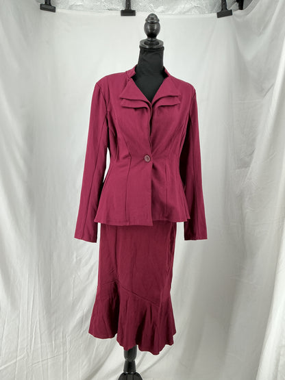 Wine Red Tailored Skirt Suit with Flared Skirt and Unique Stand Collar Jacket Size L