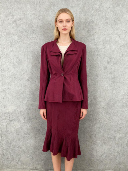 Wine Red Tailored Skirt Suit with Flared Skirt and Unique Stand Collar Jacket Size L