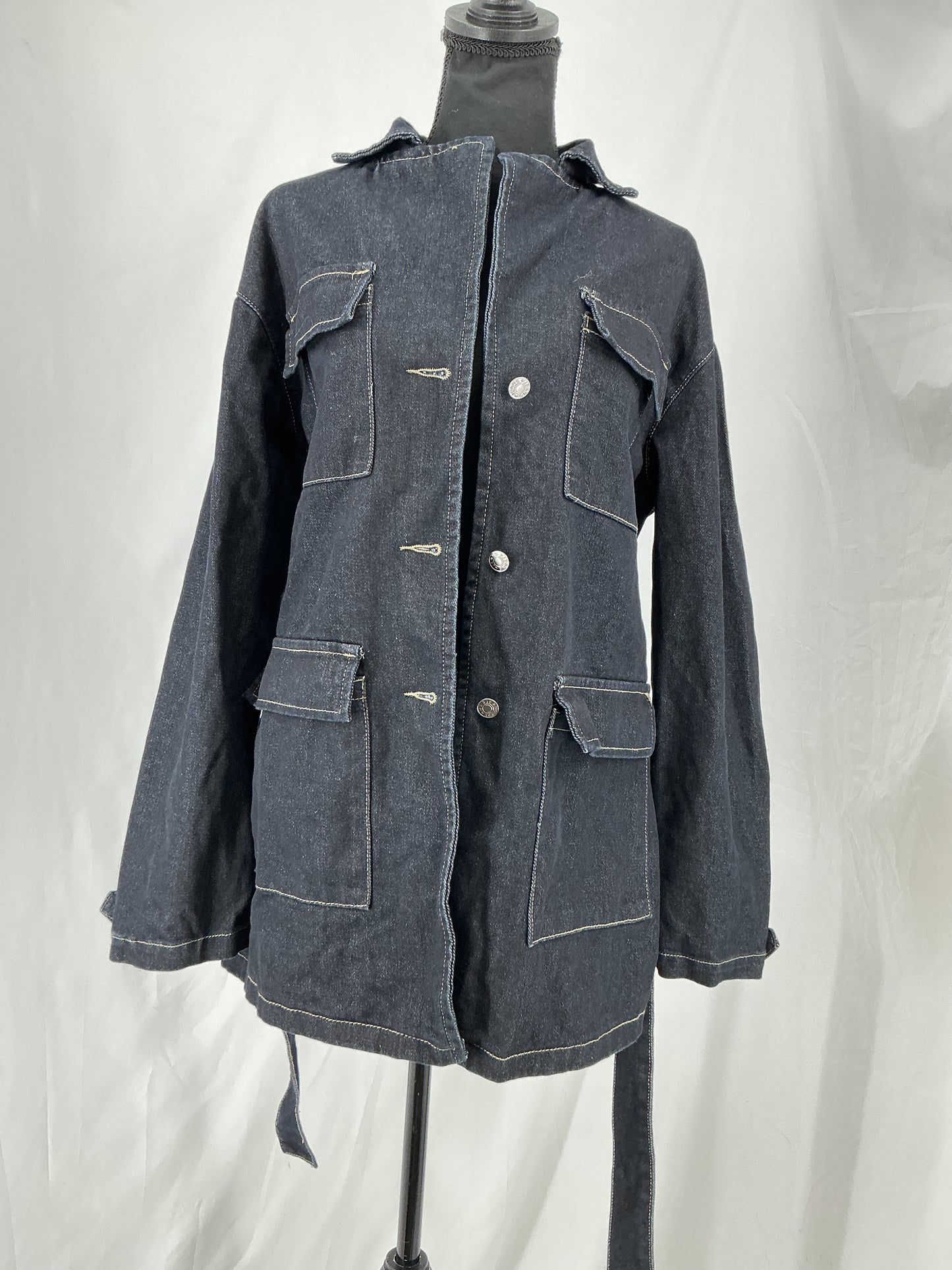 FOREVER 21 Contrast Stitch Black Denim Field Jacket with Tie Belt Size S