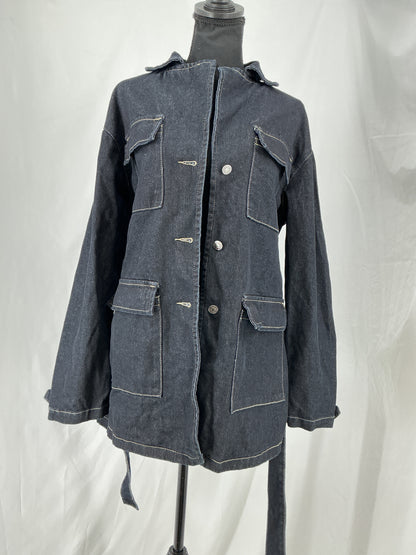 FOREVER 21 Contrast Stitch Black Denim Field Jacket with Tie Belt Size S