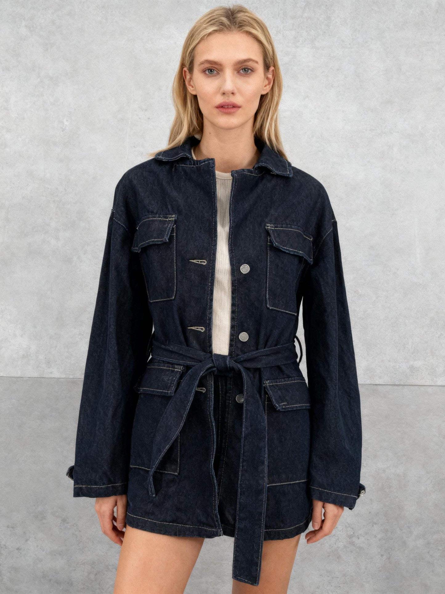 FOREVER 21 Contrast Stitch Black Denim Field Jacket with Tie Belt Size S