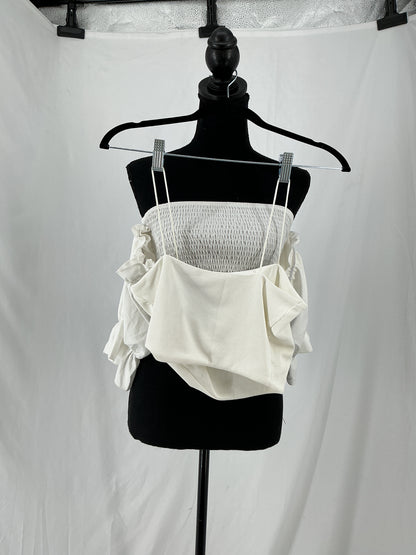 SHEIN White Ribbed Crop Top with Smocked Bodice and Ruffle Sleeves Size XS