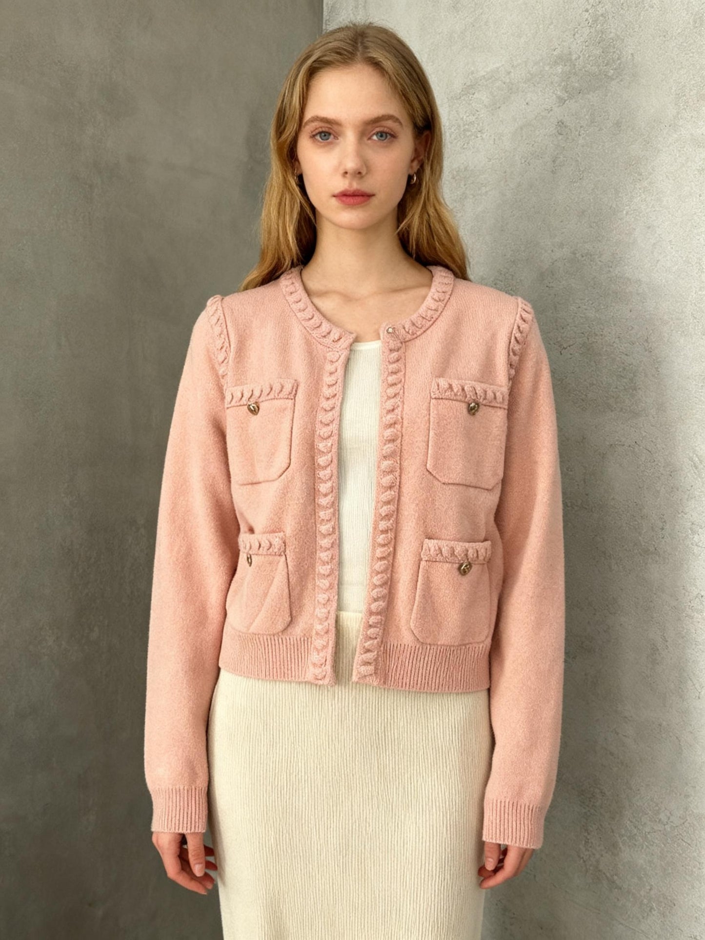 Light Pink Chanel Style Cropped Cardigan with Braided Trim Size M