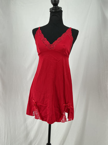 Cherry Red Satin V-Neck Chemise with Delicate Lace Detail Size M