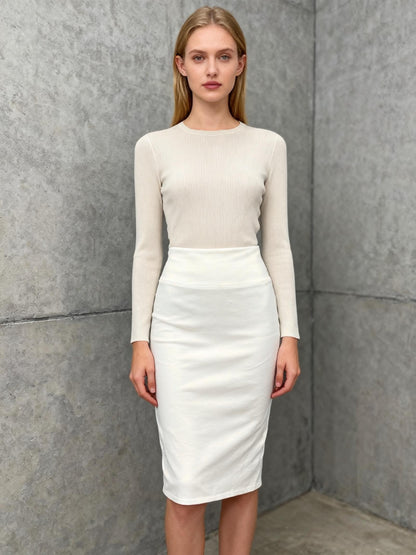 Ivory Structured Stretch Pencil Skirt with Wide Contour Waistband Size S