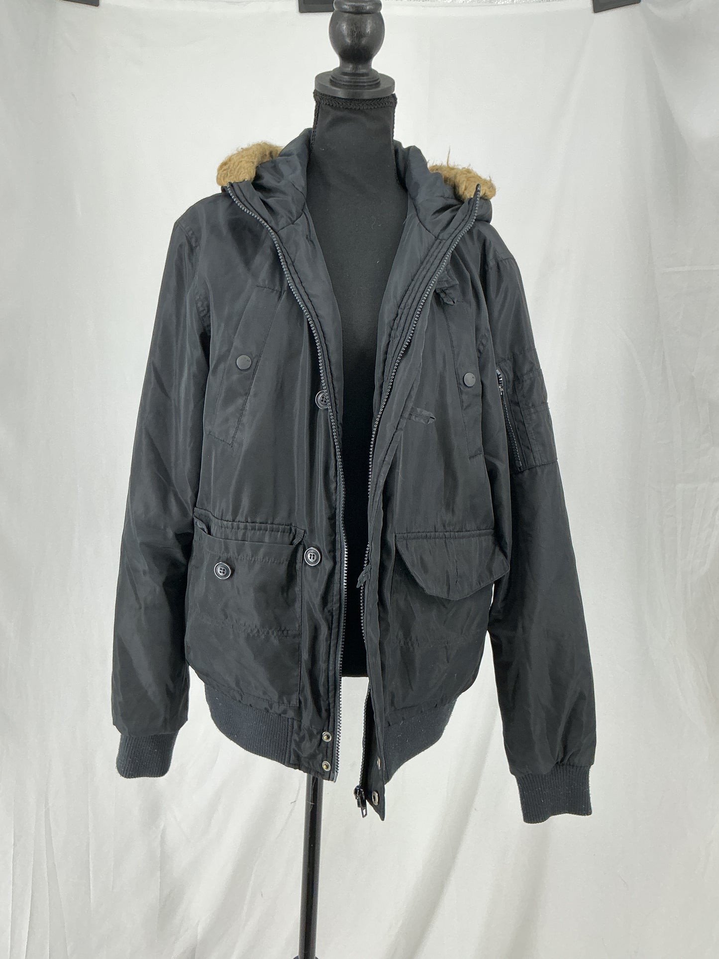 Black Hooded Utility Bomber Jacket with Faux Fur Trim Size M