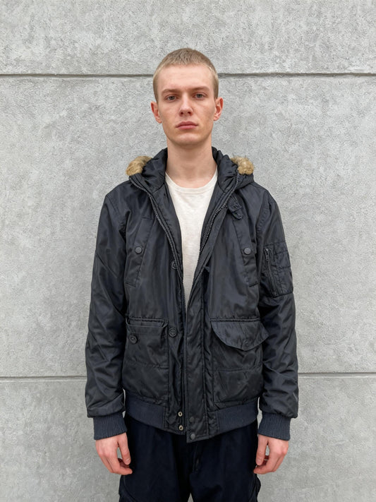 Black Hooded Utility Bomber Jacket with Faux Fur Trim Size M