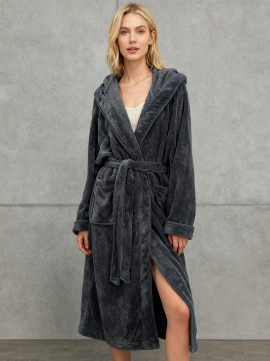 Dark Gray Fleece Hooded Robe Size L/XL