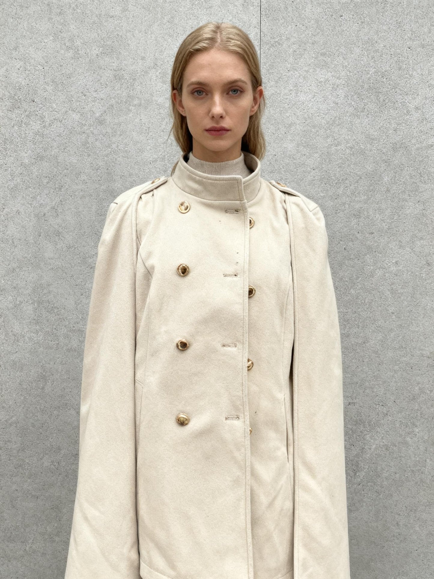 Allegra K Beige Double-Breasted Military Cape Coat Size M