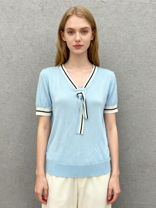 IBSORGE Light Blue Tie-Front Knit Top Size S