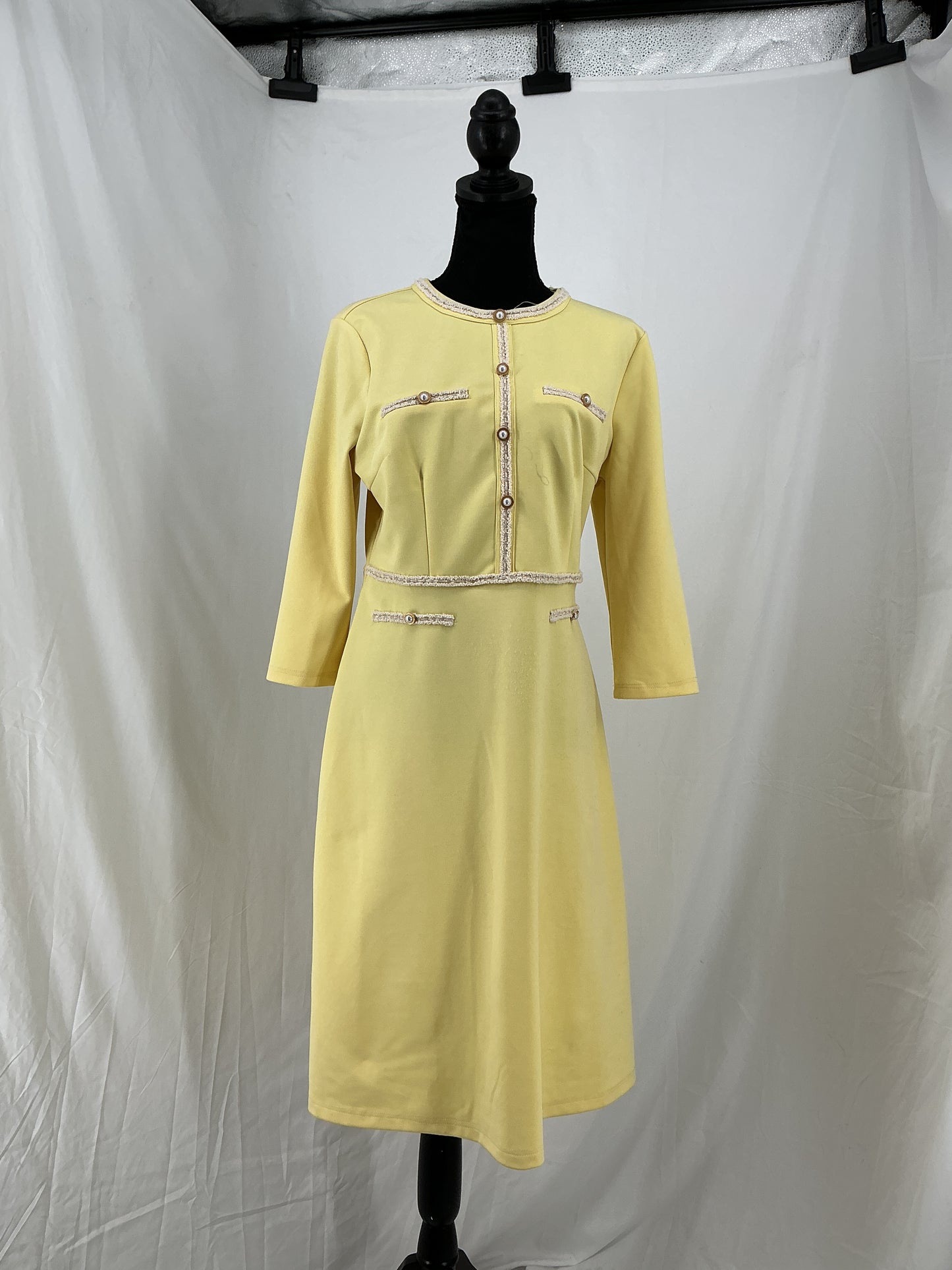 HOBEMTY Pearl Button Yellow Midi Dress Size M