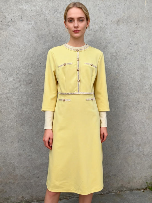 HOBEMTY Pearl Button Yellow Midi Dress Size M