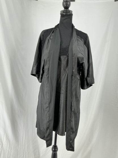 Women's Black Satin Short Robe Kimono Lace Sleeve Tie Front Lingerie Cover Up Size S