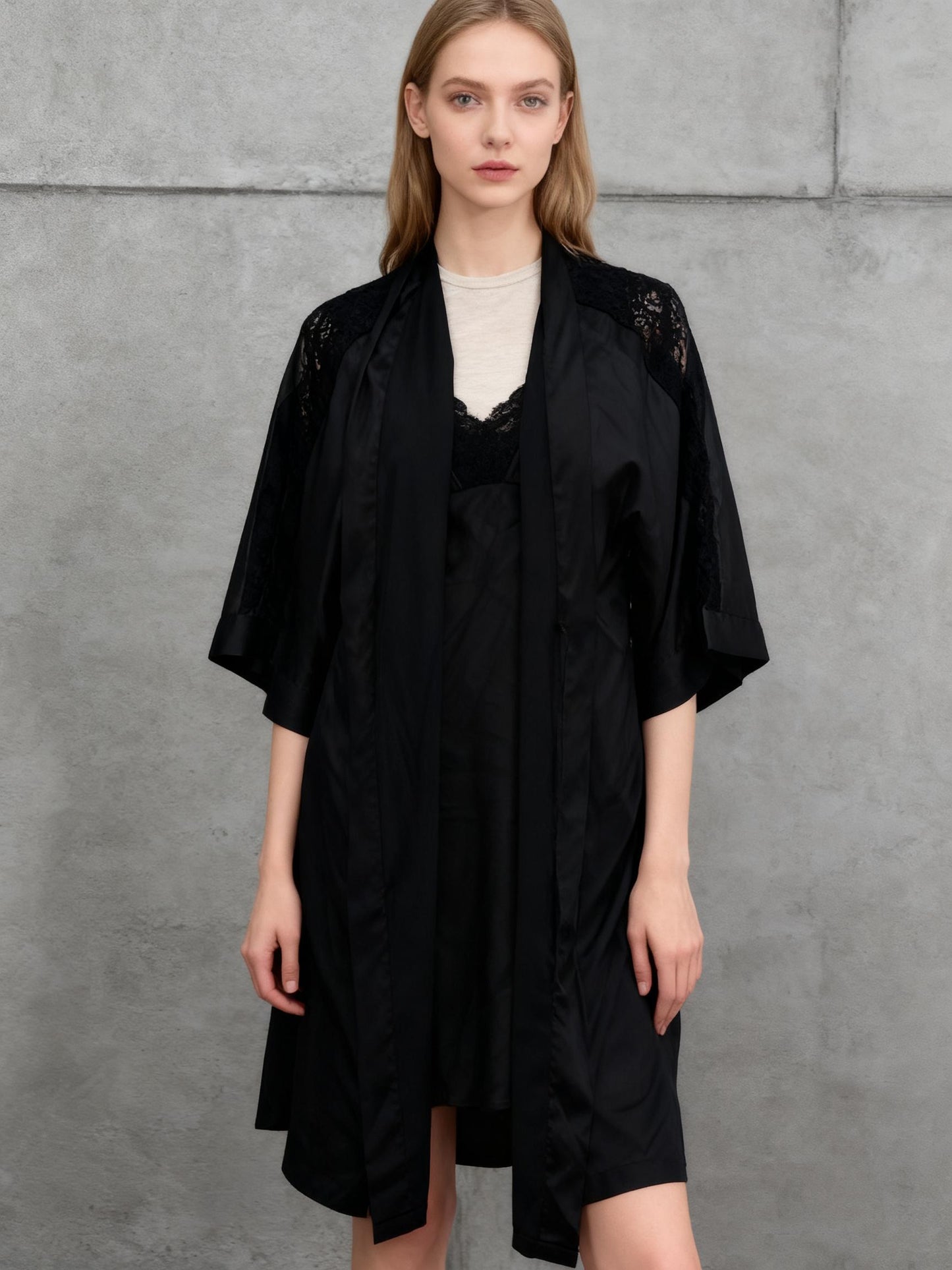 Women's Black Satin Short Robe Kimono Lace Sleeve Tie Front Lingerie Cover Up Size S