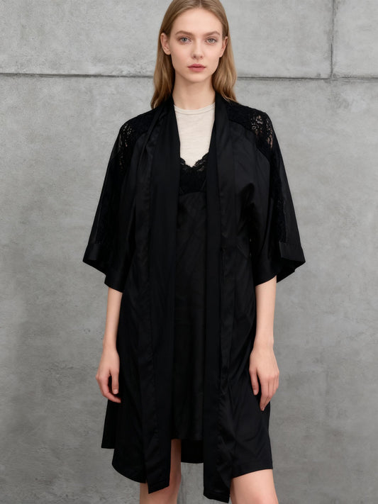 Women's Black Satin Short Robe Kimono Lace Sleeve Tie Front Lingerie Cover Up Size S