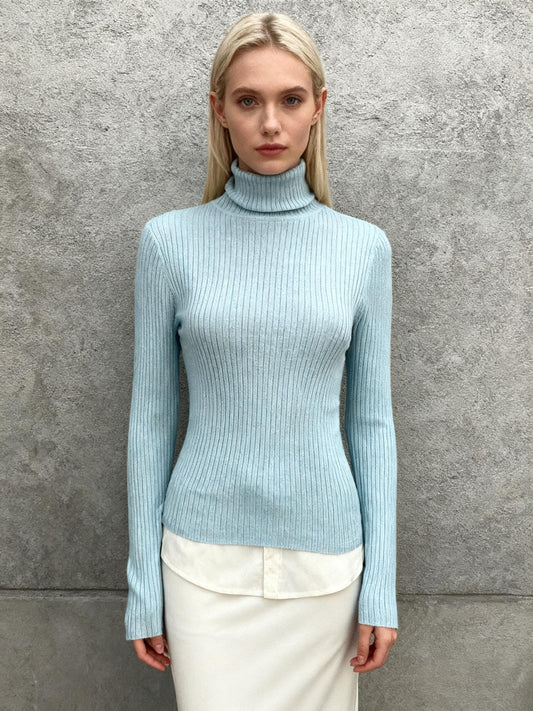 Powder Blue Fine Rib Knit Turtleneck Size S