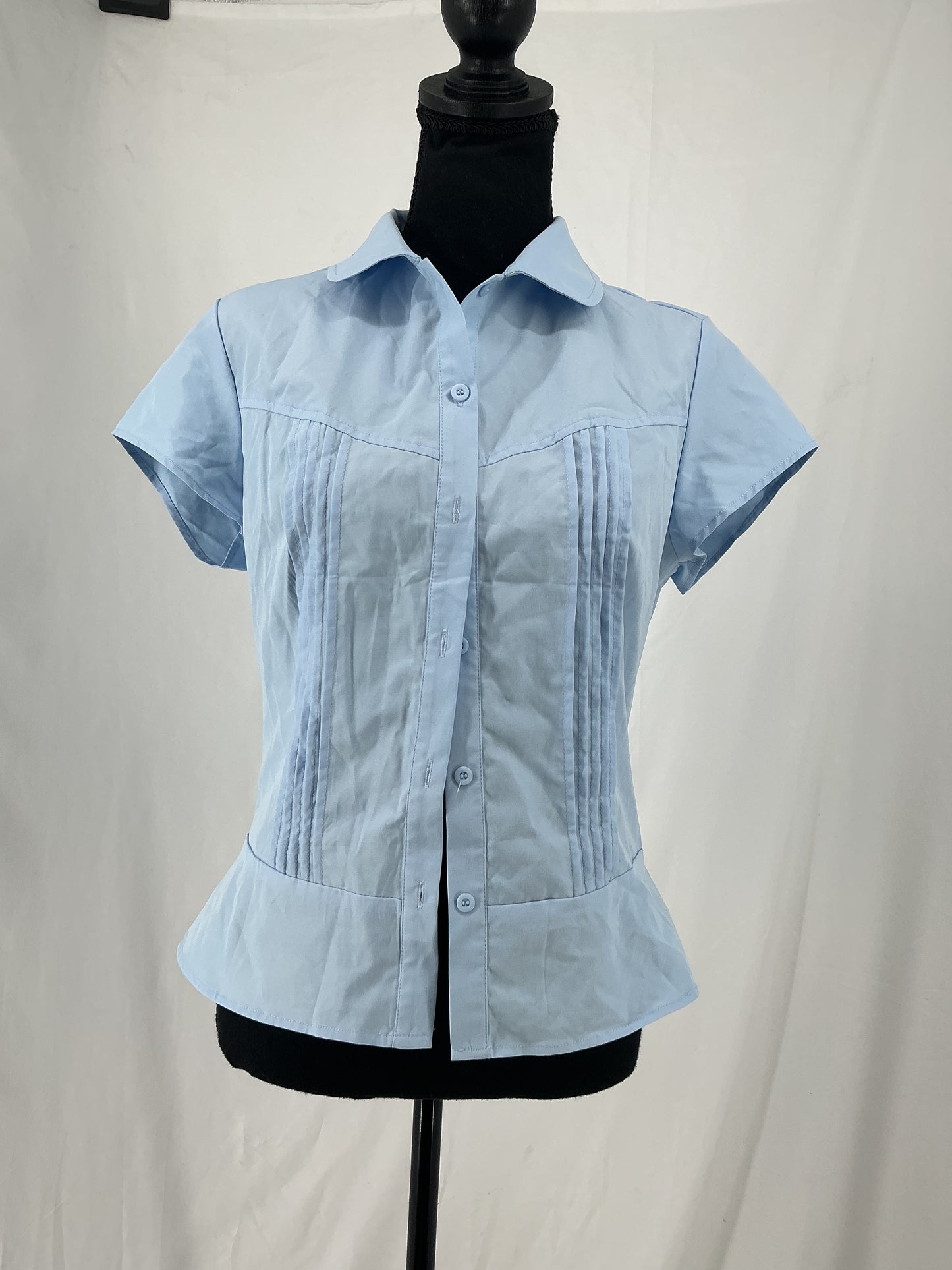 Light Blue Tailored Peplum Blouse with Pin Tucks Size S