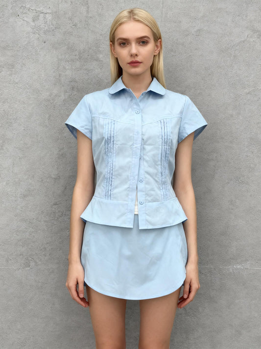 Light Blue Tailored Peplum Blouse with Pin Tucks Size S