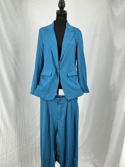 Jewel Tone Teal Single Button Blazer and Wide Leg Pants Set