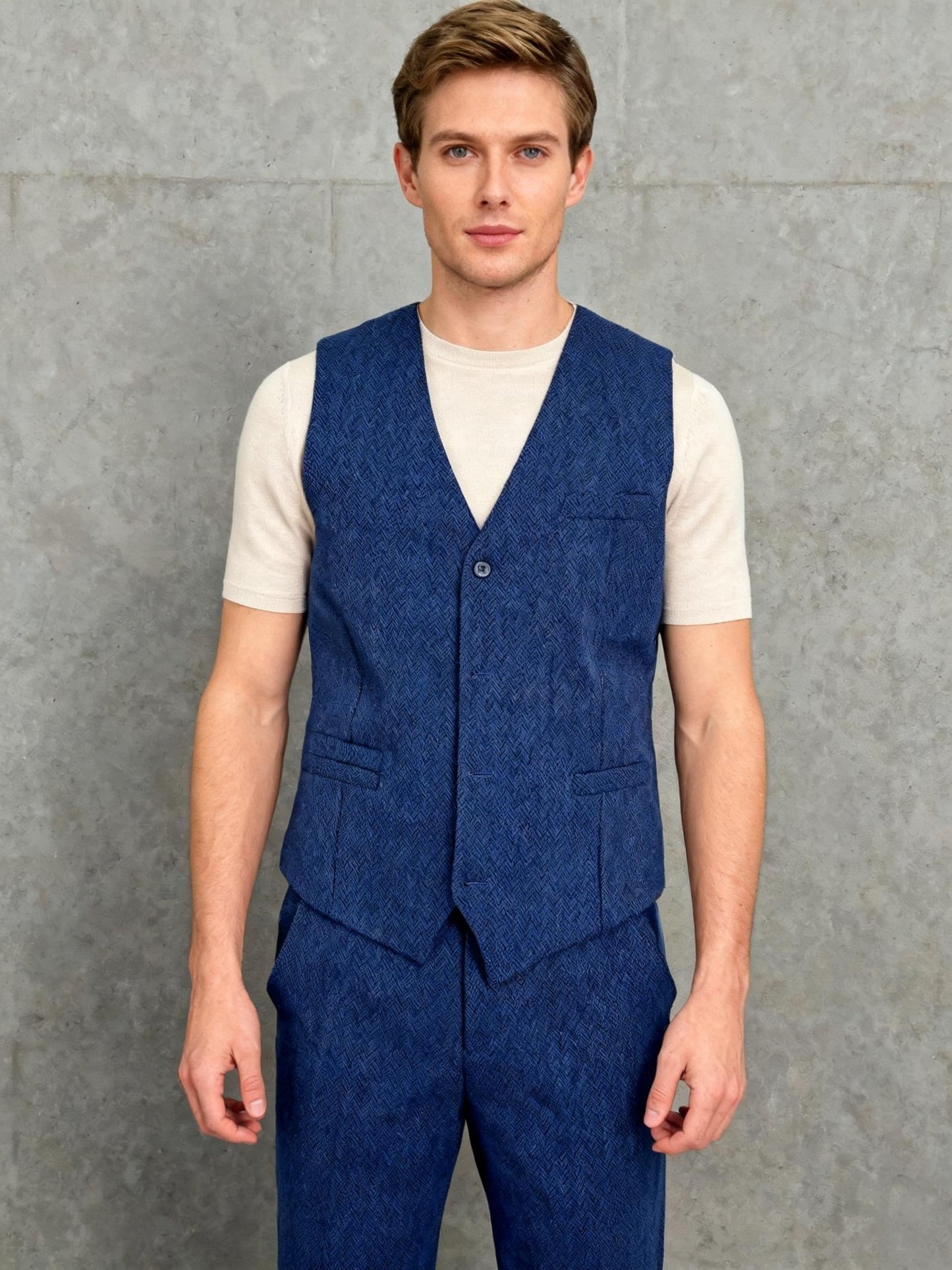 Navy Textured Herringbone Suit Vest Size M