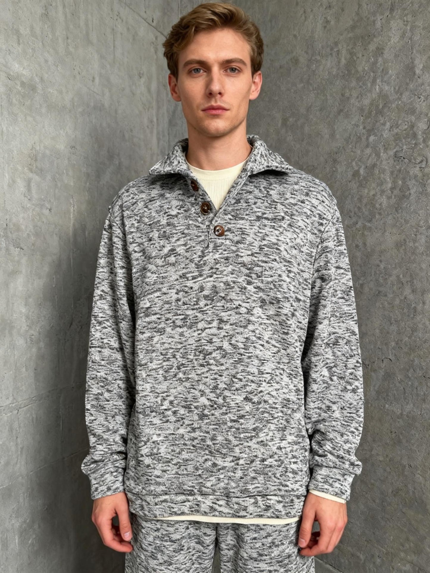 COOFANDY Marled Knit Collared Pullover with Button Placket Size M