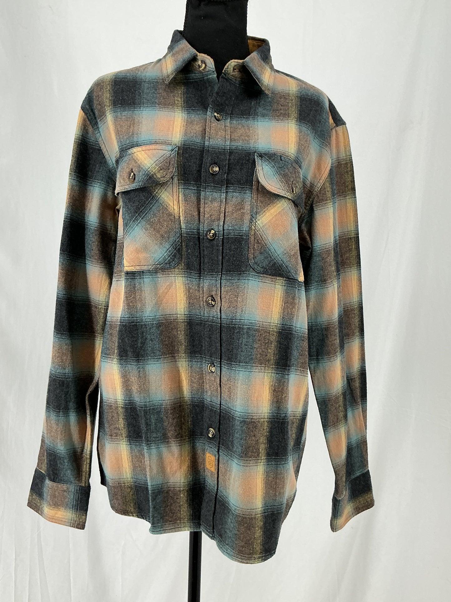 Teal and Tan Plaid Flannel Shirt with Chest Pockets Size M