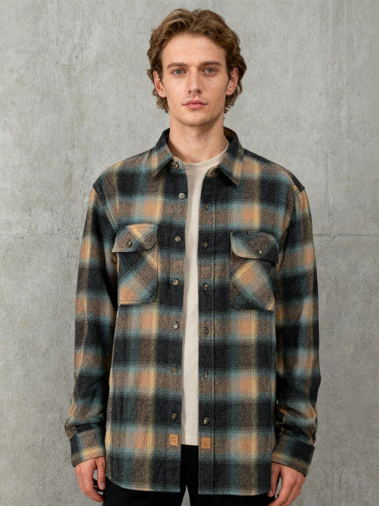 Teal and Tan Plaid Flannel Shirt with Chest Pockets Size M