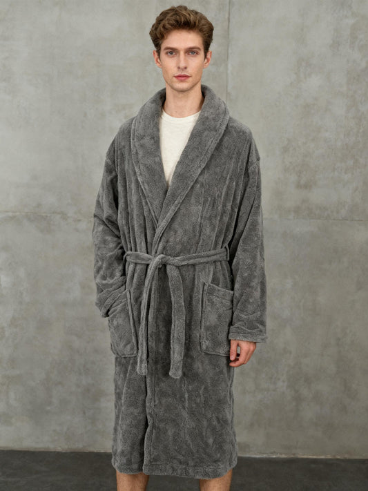 Gray Plush Hooded Bathrobe Size L/XL