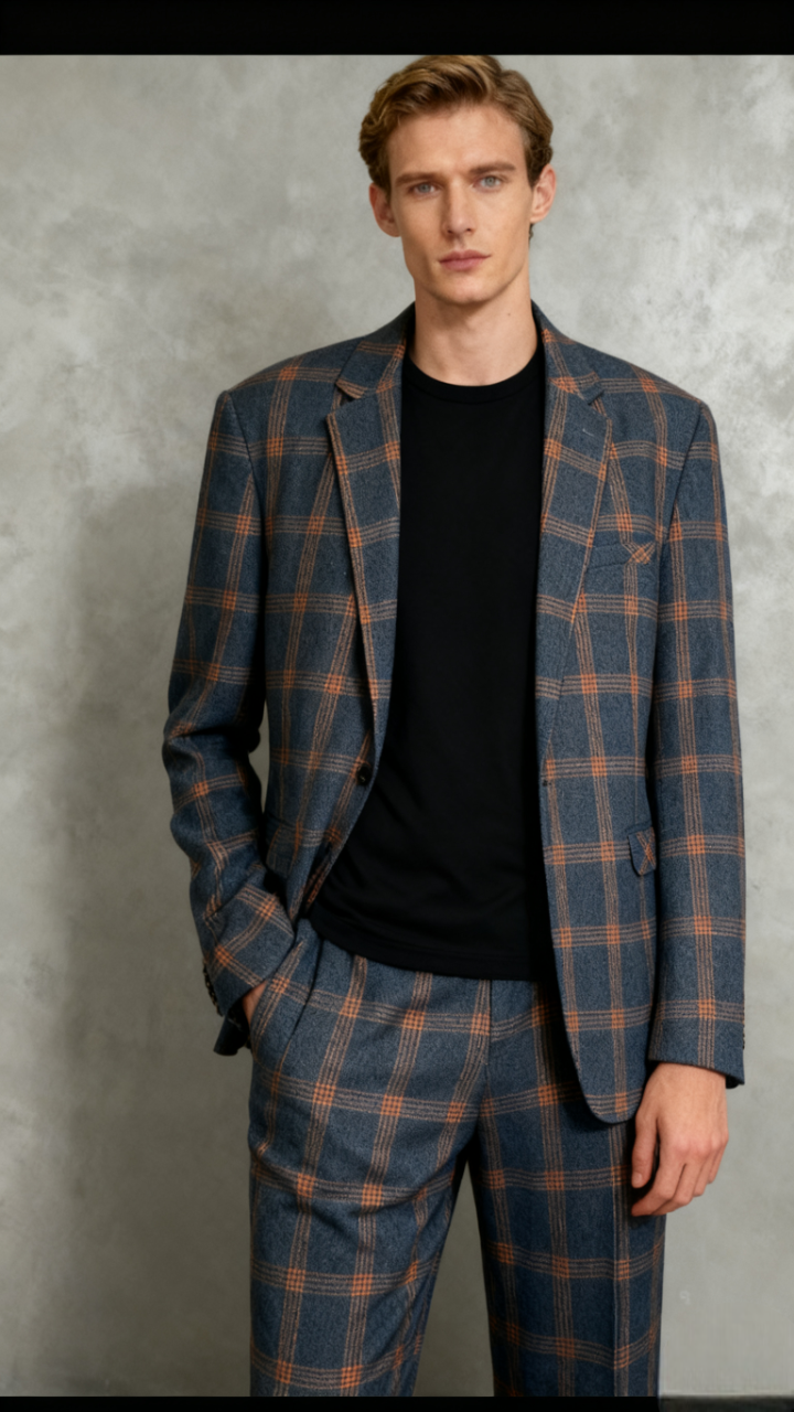 Gray Brown Plaid Suit Men Slim Fit Mens Wool Suits Three Piece Formal Dress Suit MaleSize L