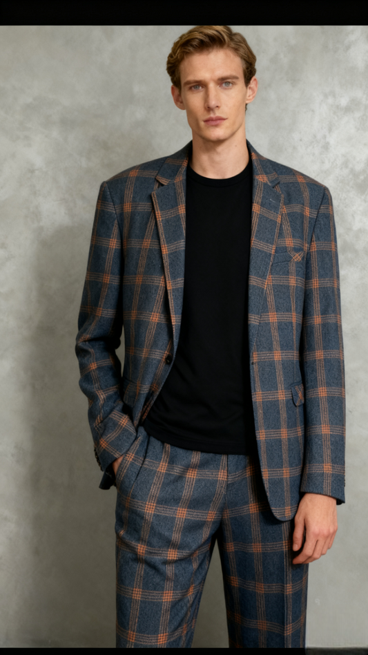 Gray Brown Plaid Suit Men Slim Fit Mens Wool Suits Three Piece Formal Dress Suit MaleSize L