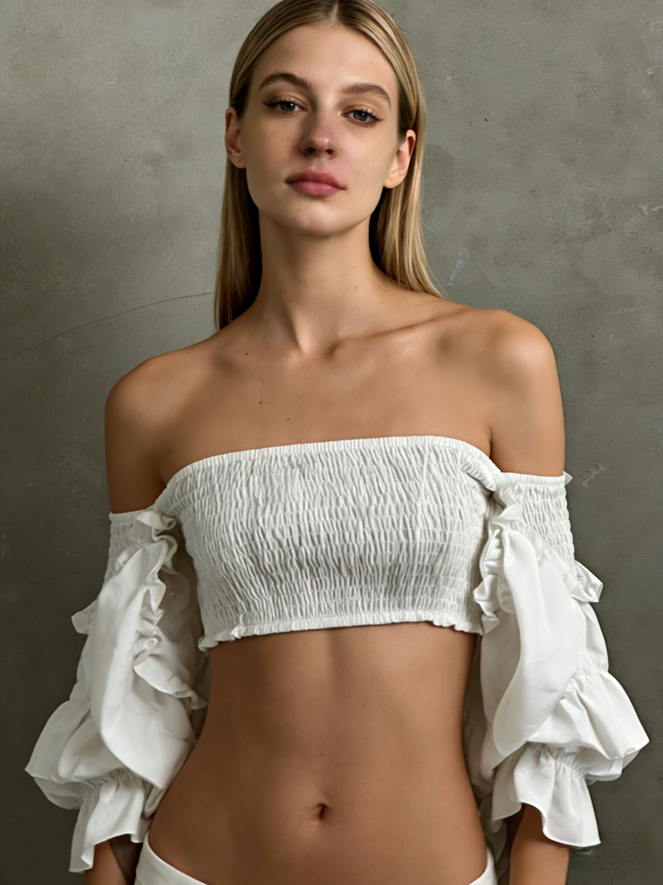 SHEIN White Ribbed Crop Top with Smocked Bodice and Ruffle Sleeves Size XS