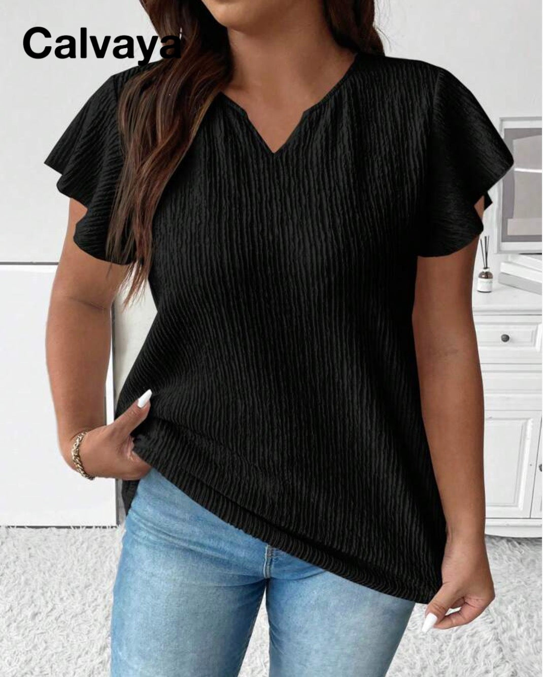 Calvaya Plus Size Women Solid Color Simple Lace Sleeve Cuff T-Shirt size 4