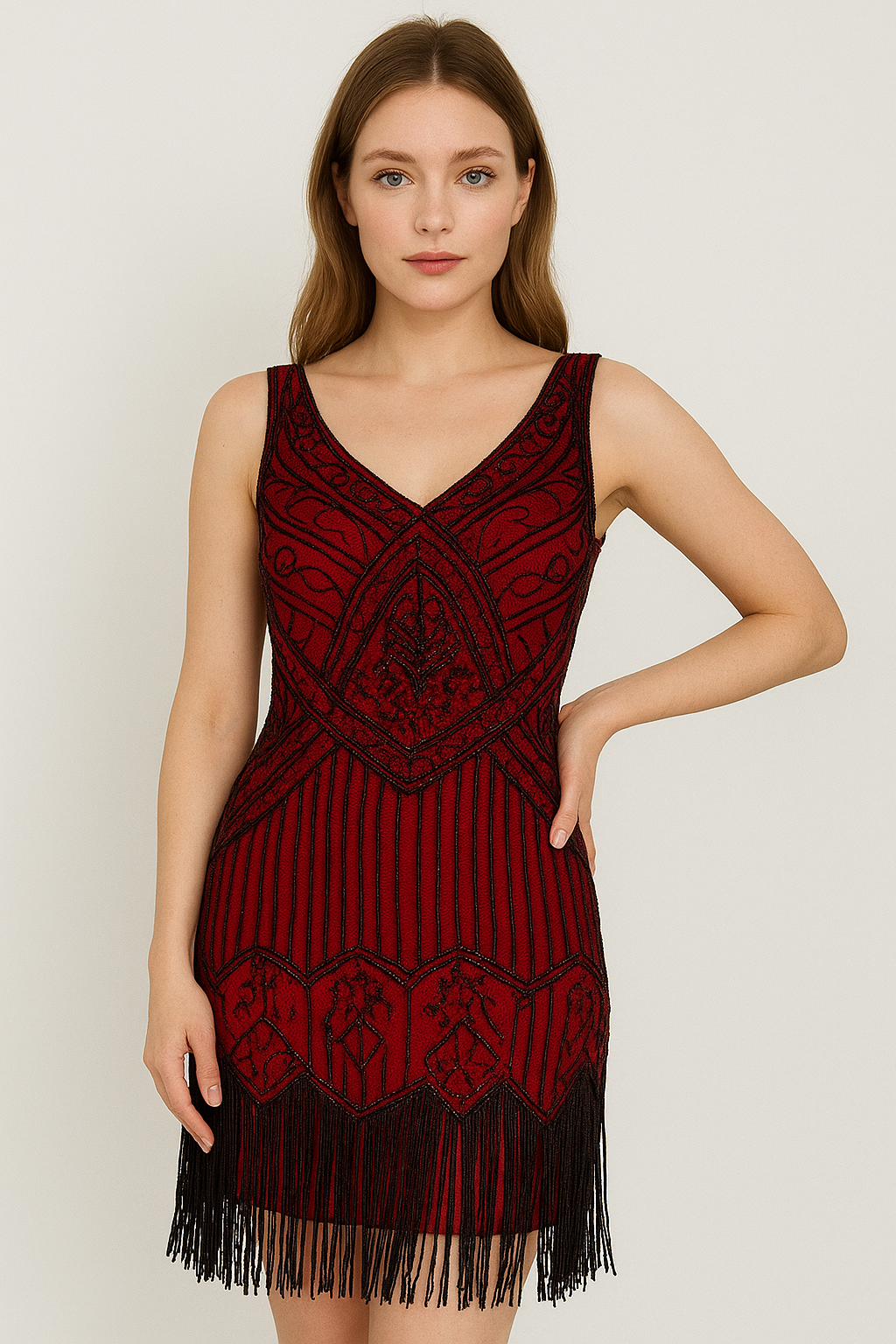 Women's Red Cami Top with Black Sequin Fringe Skirt – Size M