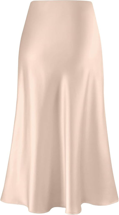 Women's Midi Satin Skirt Dressy Casual High Waisted A Line Flowy Ruffle Elegant Summer Party Cocktail Calf Length Skirtst Size S