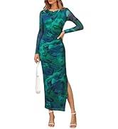 MakeMeChic Women's Elegant Tie Dye Mesh Ruched Long Sleeve Round Neck Bodycon Midi Long Dresses  Size S