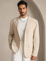 Men's 100% Linen Blazer Jacket Sport Coat Beige Size 42L 2 Button size l