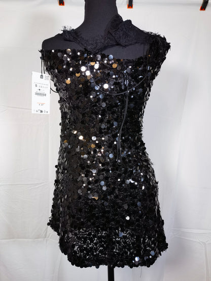 Zara Dresses | Zara Shoulder Pads Sequin Dress Zw Collection | Color: Black | Size S