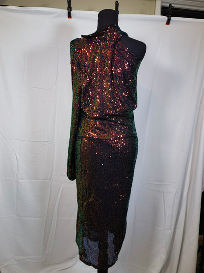 Women's 2023 Sexy One Shoulder Long Sleeve Sequin Cocktail Dress Split Bodycon Sparkly Glitter Club Party Midi Dresses Size No