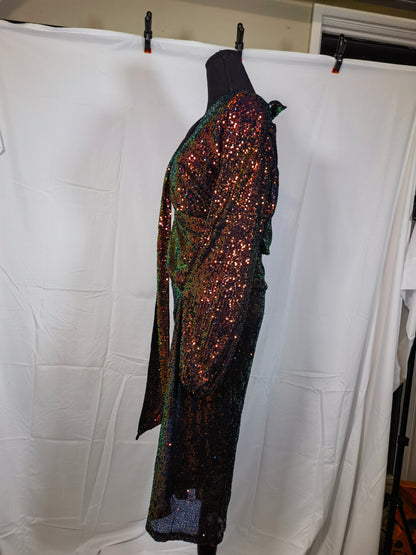 Women's 2023 Sexy One Shoulder Long Sleeve Sequin Cocktail Dress Split Bodycon Sparkly Glitter Club Party Midi Dresses Size No