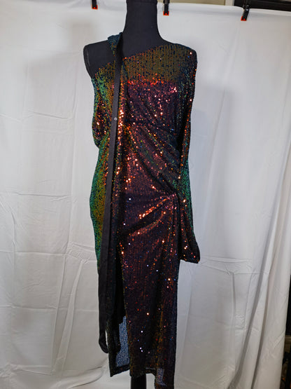 Women's 2023 Sexy One Shoulder Long Sleeve Sequin Cocktail Dress Split Bodycon Sparkly Glitter Club Party Midi Dresses Size No