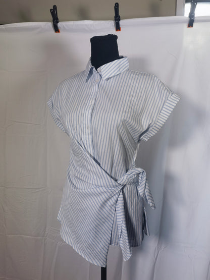 Women Lapel Single-Breasted Asymmetrical Lace Up Decorate Casual Shirt Female Short Sleeve Versatile Blouse Top Size No