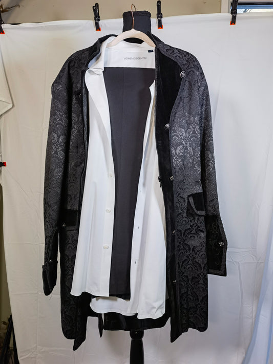 Long Black floral coat Trousers White shirt Size not available