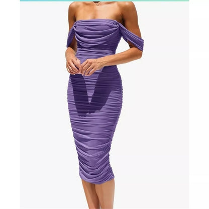 Pretty Garden Lavender Ruched Midi Dress Size Large Bodycon Off Shoulder Party Size S