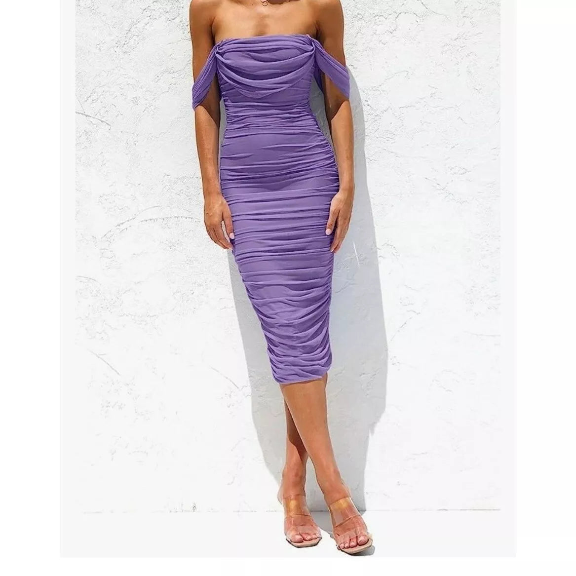 Pretty Garden Lavender Ruched Midi Dress Size Large Bodycon Off Shoulder Party Size S