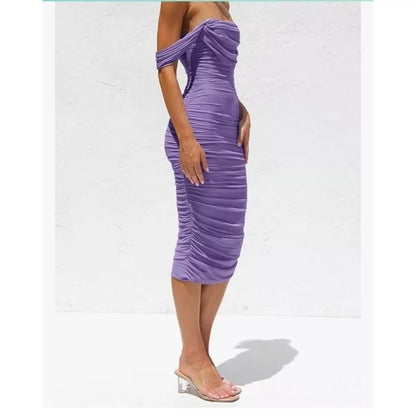 Pretty Garden Lavender Ruched Midi Dress Size Large Bodycon Off Shoulder Party Size S