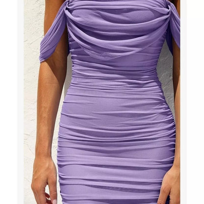 Pretty Garden Lavender Ruched Midi Dress Size Large Bodycon Off Shoulder Party Size S